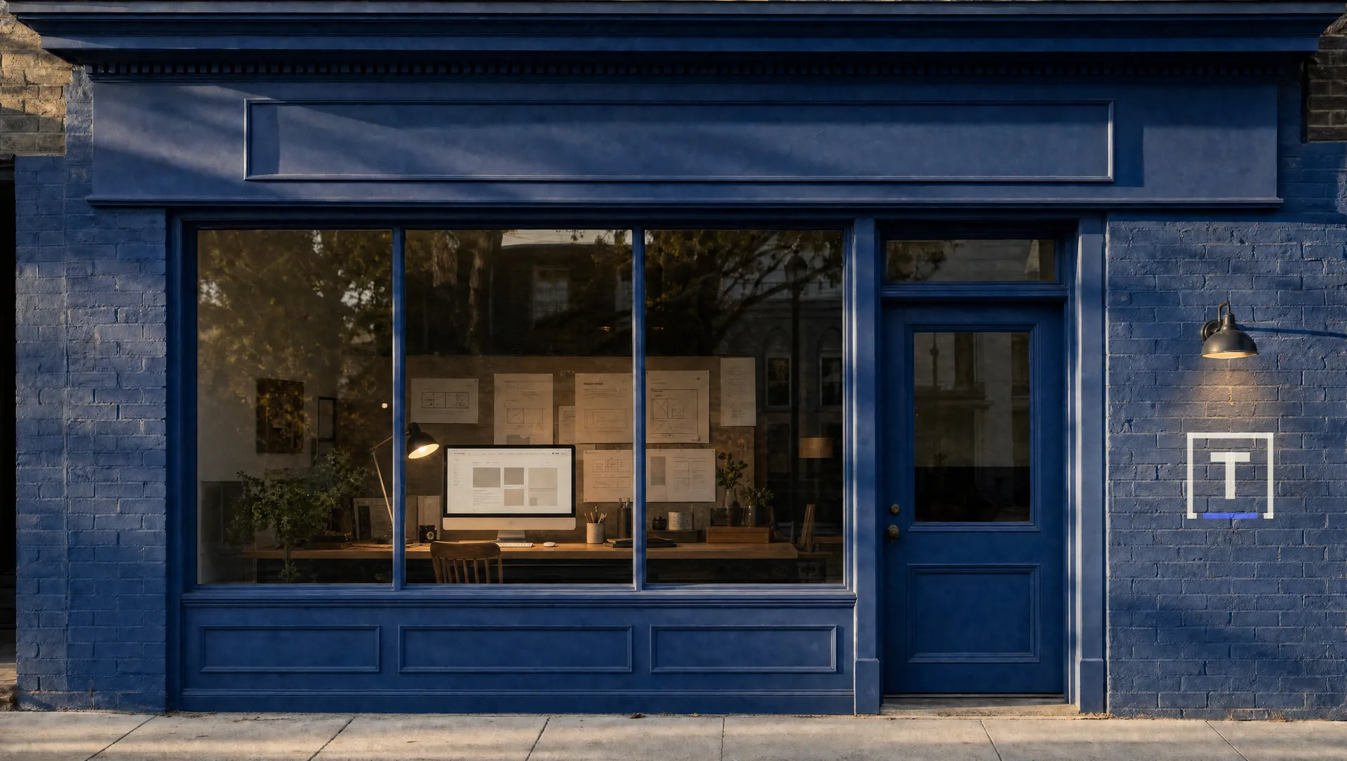 A navy-painted brick storefront in morning light, the studio desk lit in its window